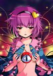  eyeball hairband heart komeiji_satori navel ogakuru open_clothes open_shirt purple_hair red_eyes shirt short_hair solo third_eye touhou upper_body 