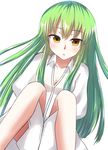  c.c. cc code_geass dress_shirt female green_hair highres long_hair shirt sitting solo torone white_background white_shirt yellow_eyes 