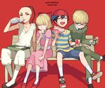  3boys aruk black_hair blonde_hair drink eating food glasses hamburger hat jeff_andonuts mother_(game) mother_2 multiple_boys ness paula_(mother_2) poo_(mother_2) ribbon sandwich smile 