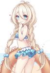  1girl alternate_hairstyle ass beads blonde_hair blue_eyes blush braid character_name commentary_request eskimofox frills hair_beads hair_ornament innertube kokkoro_(princess_connect!) long_hair looking_at_viewer looking_back princess_connect! princess_connect!_re:dive ribbon simple_background smile solo swimsuit twin_braids white_background 