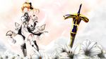  ahoge armor armored_dress artoria_pendragon_(all) bare_shoulders blonde_hair caliburn detached_sleeves dress fate/stay_night fate/unlimited_codes fate_(series) flower gauntlets green_eyes hair_ribbon highres lily_(flower) mayura_90 ponytail ribbon saber saber_lily solo sword thighhighs weapon 