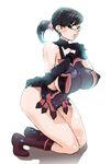  apron black_hair boots breasts cattleya commentary covered_nipples detached_collar flower full_body glasses hair_flower hair_ornament huge_breasts impossible_clothes interlocked_fingers kneeling low_ponytail mature musha_sabu open_mouth ponytail queen's_blade sideboob solo 