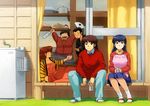  3girls 80s alcohol apron beer blue_hair character_request godai_yuusaku ichinose_hanae long_hair long_skirt maison_ikkoku multiple_boys multiple_girls oldschool otonashi_kyouko roppongi_akemi sake sitting skirt smile socks tachibana_roku veranda yotsuya 