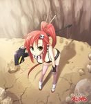  bikini_top breasts cleavage fingerless_gloves gloves gun hair_ornament long_hair medium_breasts ponytail purdoy25 red_hair scarf short_shorts shorts solo tengen_toppa_gurren_lagann thighhighs weapon yellow_eyes yoko_littner 