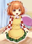  apron ball bell bow bunny clothes_writing curtains fur_trim hair_bell hair_bow hair_ornament hands_on_thighs highres japanese_clothes kimono legs_apart looking_at_viewer motoori_kosuzu open_mouth red_eyes red_hair ribbon short_hair shounen_(hogehoge) sitting solo touhou wooden_floor 