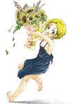  apron arinko_(kashizu_ringo) armpits barefoot blonde_hair bouquet face feet flat_chest flower hands kurono_(kurono) naked_apron original purple_eyes running short_hair solo sunflower 