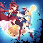  bare_shoulders black_legwear blue_eyes blue_hair boots cuts detached_sleeves flying food gloves glowing grin hand_on_hip holding_hands hug injury koflif long_hair magical_girl mahou_shoujo_madoka_magica miki_sayaka mouth_hold multiple_girls pocky ponytail red_eyes red_hair sakura_kyouko short_hair smile soul_gem tears thighhighs white_gloves white_legwear zettai_ryouiki 