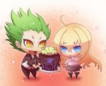  1boy 1girl arc_system_works blazblue blonde_hair blue_eyes cake chibi female food green_hair hazama jacket long_hair lowres male miniskirt mu-12 official_art open_mouth pants short_hair skirt sweater yellow_eyes 