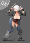  angel_(kof) bad_id bad_pixiv_id blush boots breasts brown_eyes chaps cleavage fingerless_gloves gloves hair_over_one_eye jacket kunaboto large_breasts midriff panties short_hair sleeves_folded_up solo the_king_of_fighters thighs thong underwear white_hair wide_hips 