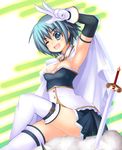  armpits belt blue_eyes blue_hair breasts cape cleavage crossed_legs elbow_gloves gloves legs mahou_shoujo_madoka_magica medium_breasts miki_sayaka one_eye_closed short_hair sitting skirt smile solo sword thighhighs tom_(tominaga8901) v weapon white_legwear 