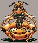  antennae bee_girl breasts breasts_apart carapace full_body grey_background insect_girl insect_wings matsuda_yuusuke medium_breasts monster_girl multiple_arms nipples no_pupils original red_eyes scales solo spread_legs stinger wasp wings 