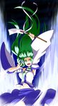  absurdres arm_up breasts detached_sleeves floating_hair gohei green_eyes green_hair highres iwanori kochiya_sanae large_breasts long_hair midriff navel open_mouth smile snake solo touhou wide_sleeves wind 