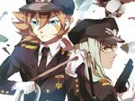  bad_id bad_pixiv_id blue_eyes epaulettes genda_koujirou gloves gun handgun hat inazuma_eleven inazuma_eleven_(series) junekun long_hair looking_back male_focus medal military military_hat military_uniform multiple_boys necktie sakuma_jirou star uniform weapon whip white_gloves 