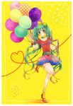  ami7 bad_id bad_pixiv_id balloon belt bow bracelet green_eyes green_hair hair_bow hatsune_miku high_heels highres jewelry leg_lift legs long_hair polka_dot polka_dot_legwear shoes skirt socks solo twintails very_long_hair vocaloid yellow_legwear 