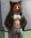  breasts canine collar female hoodie myojinius oekaki open_shirt solo 