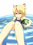  animal_ears bad_id bad_pixiv_id blonde_hair cat_ears food fruit fuji-k holding holding_food holding_fruit one-piece_swimsuit original school_swimsuit solo swimsuit wading_pool water watermelon 