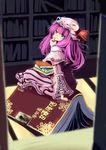  ameru.miro bad_id bad_pixiv_id book bookmark bookshelf crescent finger_to_mouth hat highres lock oversized_object patchouli_knowledge purple_eyes purple_hair sitting sitting_on_object solo touhou 
