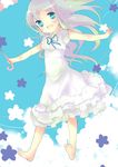  :d ano_hi_mita_hana_no_namae_wo_bokutachi_wa_mada_shiranai. bare_legs barefoot blue_eyes blue_sky day feet flower highres honma_meiko inui_achu jumping long_hair open_mouth outstretched_arms silver_hair skirt sky smile solo spread_arms umbrella white_skirt 