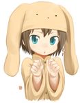  :o animal_ears animal_hat animal_hood blue_eyes brown_hair bunny_ears bunny_hood hat hood nagian original personification pose short_hair solo wooser_(character) 