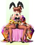  animal_ears brown_hair bunny_ears bunnysuit chinese_zodiac japanese_clothes kimono long_hair nyo original pantyhose ponytail red_eyes solo spread_legs year_of_the_rabbit 