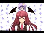  bad_id bad_pixiv_id bat_wings checkered chibi chibi_on_head crescent destino expressionless hat head_wings koakuma letterboxed long_hair minigirl multiple_girls necktie on_head patchouli_knowledge purple_eyes purple_hair red_eyes red_hair smile touhou vest wings 