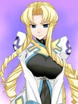  angry blonde_hair blue_eyes breasts drill_hair highres hou_(hachiyou) large_breasts long_hair marguerite_pistail quad_tails simple_background solo super_robot_wars super_robot_wars_z2 