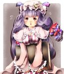  blush book bow breasts cleavage commentary_request crescent hair_bow hat large_breasts long_hair open_mouth patchouli_knowledge purple_hair red_eyes solo sugiyuu sweatdrop touhou very_long_hair 