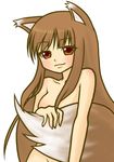  breasts brown_hair covering covering_self female hair horo long_hair nude ookami_to_koushinryou ookamimimi plain_background red_eyes solo spice_and_wolf tail unknown_artist white_background wolf_ears 