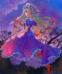  ama-tou blonde_hair branch flying hair_ribbon hat high_heels highres light_smile long_hair looking_back night night_sky pink_eyes ribbon shoes sky solo touhou tree yakumo_yukari 