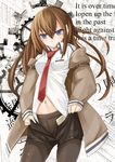  belt blue_eyes brown_hair brown_legwear crotch_seam jacket legwear_under_shorts long_hair makise_kurisu navel necktie no_panties pantyhose red_neckwear shorts solo steins;gate undressing yato 