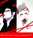  2girls bayonetta bayonetta_(character) beauty_mark black_hair blush chains chocolate eyeshadow female glasses grey_eyes grey_hair hair_bun heart jeanne_(bayonetta) lipstick makeup mole mouth_hold multiple_girls pocapin pokapin_(kuehnel) red_ribbon ribbon short_hair 