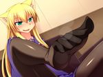  _ animal_ears artist_request blonde_hair character_request feet green_eyes naughty_face nokoppa pantyhose pov pov_feet schoolgirl source_request toes 
