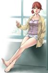  barefoot brown_eyes brown_hair face feet hanamura hands indoors legs lips original ponytail red_hair short_hair shorts sitting solo toes window 