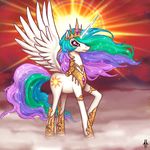  armor cloud clouds corpse_crow corpsecrow crown cutie_mark equine female feral friendship_is_magic gem hair horn horns horse jewelry mammal mist multi-colored_hair my_little_pony pegacorn pink_eyes pony princess princess_celestia princess_celestia_(mlp) rainbow_hair red_eyes royalty solo sparkle sun sunrise white_body winged_unicorn wings 