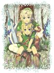  blonde_hair blue_eyes dual_persona gloves hat highres link male_focus multiple_boys nature pointy_ears shield smile sword the_legend_of_zelda the_legend_of_zelda:_ocarina_of_time weapon young_link 