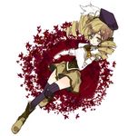  bad_id bad_pixiv_id blonde_hair boots drill_hair fingerless_gloves gloves hand_on_own_chest hat leaf mahou_shoujo_madoka_magica maple_leaf smile solo thighhighs tomoe_mami yellow_eyes yukot 