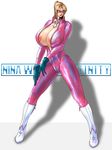 areola_slip areolae bad_anatomy blonde_hair bodysuit boots breasts cleavage death_by_degrees female full_body glasses gloves huge_breasts infinity latex latex_suit lipstick makeup namco nina_williams nipples skin_tight small_head solo standing sunglasses tekken white_background zipper 