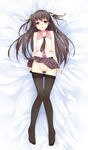  bad_id bad_pixiv_id blush brown_eyes brown_hair censored dakimakura feet full_body hair_ribbon highres itou_nanami long_hair lying necktie on_back original pantyhose pantyhose_pull pussy ribbon school_uniform skirt solo two_side_up 