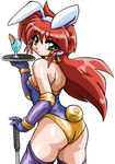  90s ahoge animal_ears ass bad_id bad_pixiv_id blue_leotard bunny_ears bunny_tail choker drink earrings elbow_gloves ginga_ojou-sama_densetsu_yuna glass gloves green_eyes jewelry leotard long_hair looking_at_viewer okuri_ookami red_hair simple_background smile solo tail thighhighs tokudaiji_mai weapon white_background 