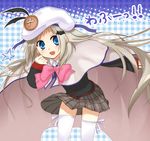  bad_id bad_pixiv_id blue_eyes bow cape fang hat little_busters! long_hair noumi_kudryavka pink_bow plaid plaid_skirt re-ema school_uniform silver_hair skirt solo thighhighs 