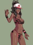  bare_shoulders bikini breasts cleavage dark_skin ganguro hat large_breasts midriff pokemon pokemon_black_and_white solo tattoo touko_(pokemon) 