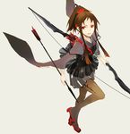  arrow bad_id bad_pixiv_id black_legwear bow_(weapon) brown_hair camisole from_above japanese_clothes looking_up original pantyhose ponytail quiver red_eyes sakumi sandals simple_background skirt solo weapon 