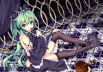  absurdres backless_outfit bad_id bad_pixiv_id bare_back candy checkerboard_cookie cookie detached_sleeves dress food garter_straps green_eyes green_hair hair_ornament hat hatsune_miku headset highres licking lollipop long_hair mini_hat mini_top_hat nail_polish nanahosi_seiiki shoes sitting solo thighhighs tongue top_hat twintails very_long_hair vocaloid 