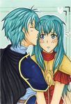  aqua_hair armor blue_eyes blue_hair blush brother_and_sister cape eirika ephraim eyes_closed fire_emblem fire_emblem:_seima_no_kouseki fire_emblem_sacred_stones heart kiss long_hair prince princess short_hair shy siblings sweat 