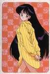  bishoujo_senshi_sailor_moon bottomless coy earring earrings eye_contact hands_folded hino_rei jewelry long_hair looking_at_another lowres official_art oversized_shirt pajamas purple_eyes sailor_mars shirt very_long_hair 