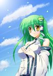  absurdres breasts cherry_blossoms cloud day detached_sleeves frog green_hair highres kochiya_sanae large_breasts long_hair osashin_(osada) sky smile snake solo touhou yellow_eyes 