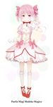  absurdres bow bubble_skirt copyright_name dress gloves hair_bow highres kaname_madoka kyubey magical_girl mahou_shoujo_madoka_magica pink_eyes pink_hair ripples shichouson shoes short_hair short_twintails skirt smile twintails white_background 