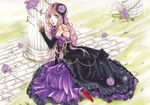  bad_id bad_pixiv_id bare_shoulders blue_eyes dress elbow_gloves fingerless_gloves flower gloves hair_flower hair_ornament high_heels long_hair megurine_luka murashige-lu nail_polish pink_hair purple_flower purple_rose rose shoes solo traditional_media vocaloid 