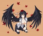  :q alternate_hairstyle black_hair black_wings blush breast_hold breast_lift breasts cleavage gmot hat highres kneeling large_breasts large_wings leaning_forward licking_lips long_hair looking_at_viewer naughty_face open_clothes open_shirt red_eyes shameimaru_aya shirt simple_background skirt slit_pupils smile solo thighhighs tokin_hat tongue tongue_out touhou undressing wings 