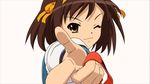  brown_eyes brown_hair ribbons seifuku suzumiya_haruhi suzumiya_haruhi_no_yuutsu white 